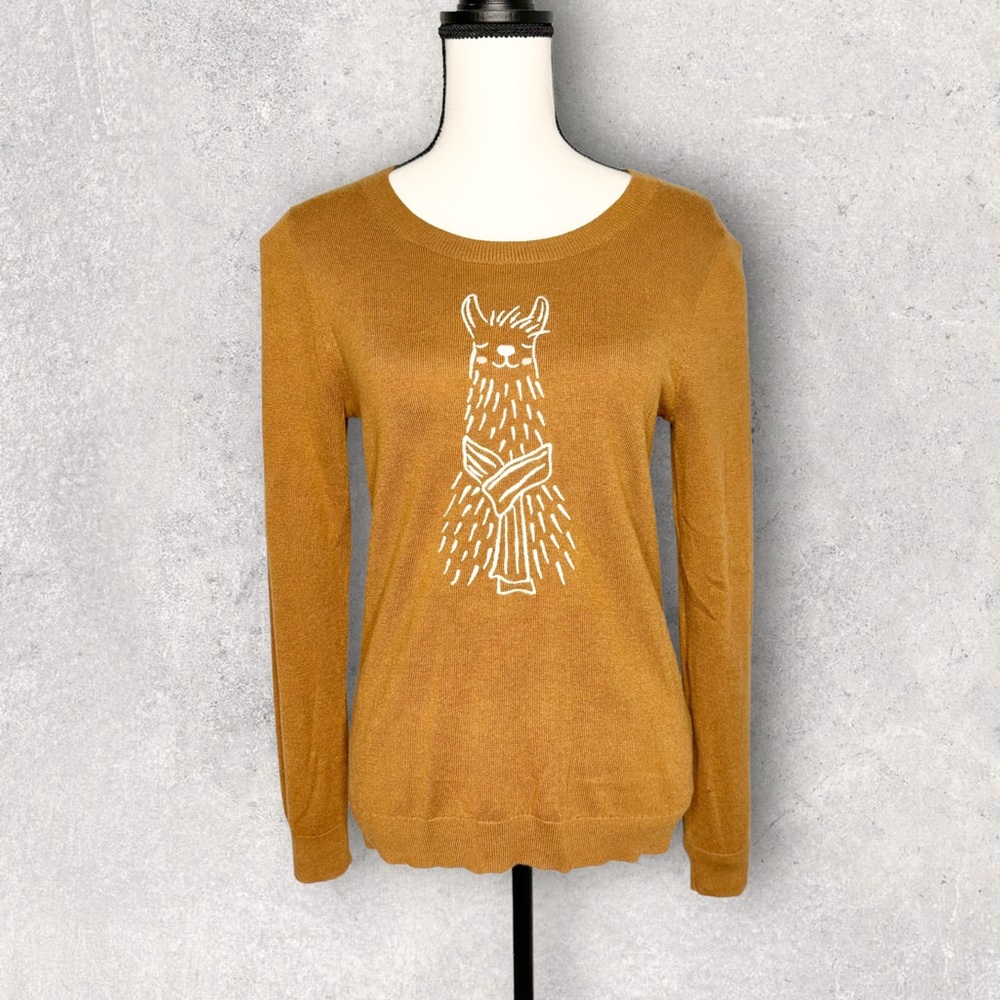 J.Crew Embroidered Llama With Scarf Sweater Camel Brown Size Small 4 6